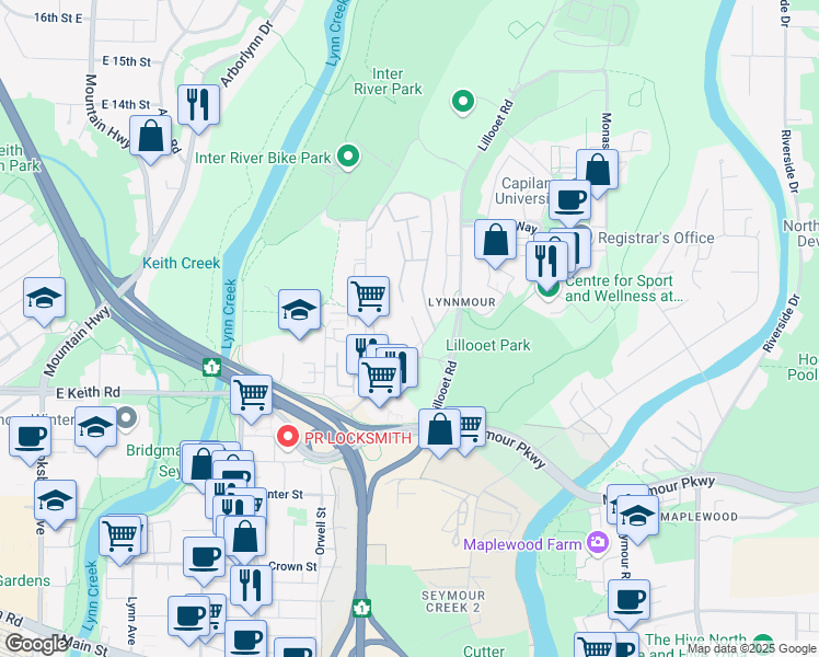 map of restaurants, bars, coffee shops, grocery stores, and more near 823 Old Lillooet Road in North Vancouver