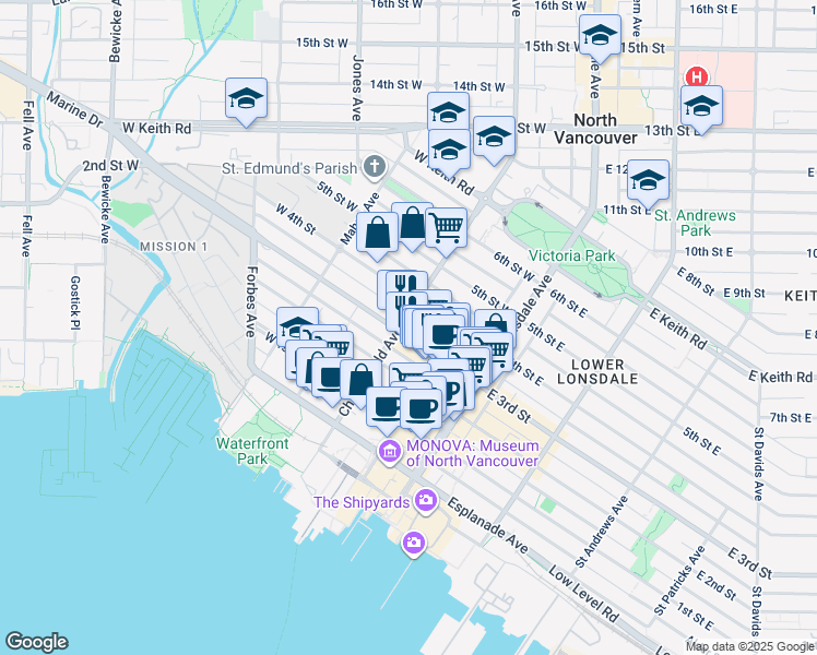map of restaurants, bars, coffee shops, grocery stores, and more near 304 Chesterfield Avenue in North Vancouver