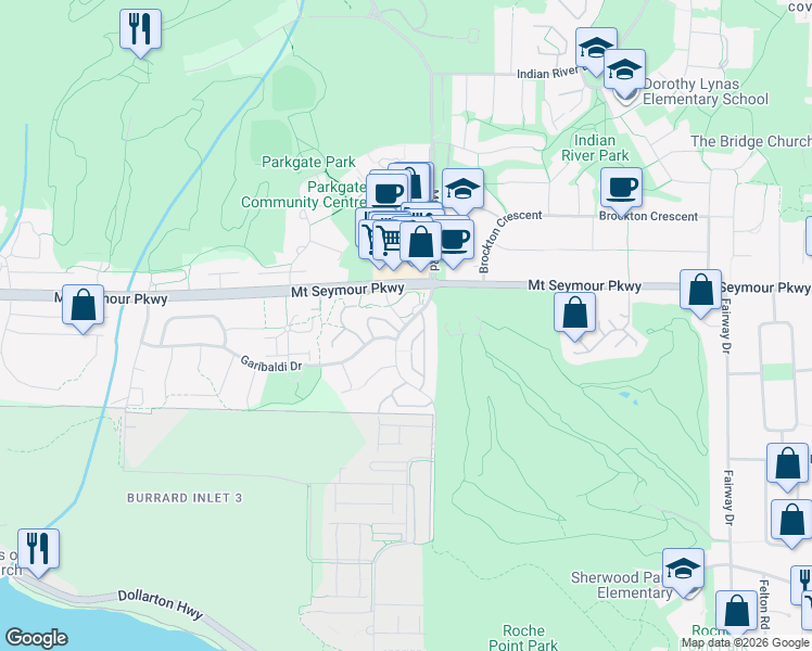 map of restaurants, bars, coffee shops, grocery stores, and more near 912 Roche Point Drive in North Vancouver