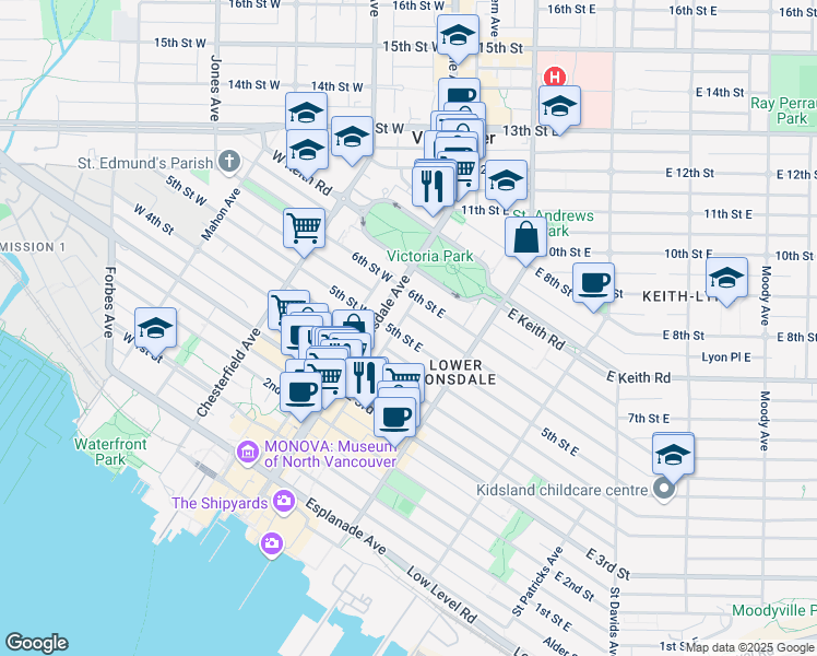 map of restaurants, bars, coffee shops, grocery stores, and more near 120 5th Street East in North Vancouver