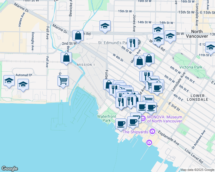 map of restaurants, bars, coffee shops, grocery stores, and more near 306 West 1st Street in North Vancouver