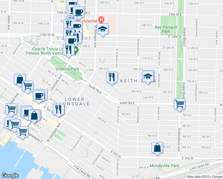 map of restaurants, bars, coffee shops, grocery stores, and more near 737 Saint Andrews Avenue in North Vancouver
