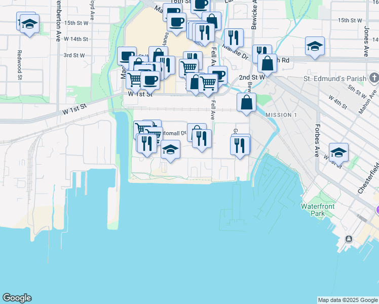 map of restaurants, bars, coffee shops, grocery stores, and more near 850 Harbourside Drive in North Vancouver