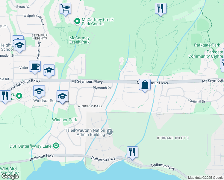 map of restaurants, bars, coffee shops, grocery stores, and more near 3087 Plymouth Drive in North Vancouver