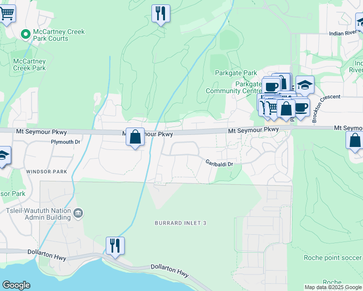 map of restaurants, bars, coffee shops, grocery stores, and more near 3343 Manning Crescent in North Vancouver