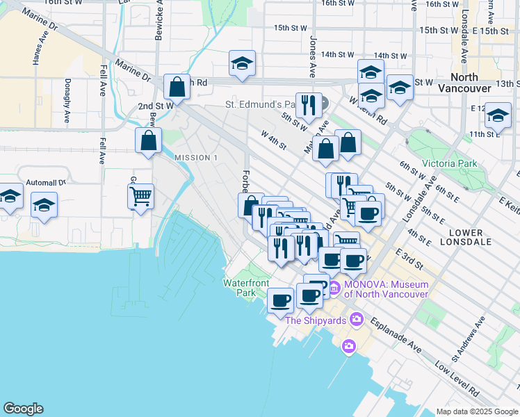 map of restaurants, bars, coffee shops, grocery stores, and more near 306 West 1st Street in North Vancouver