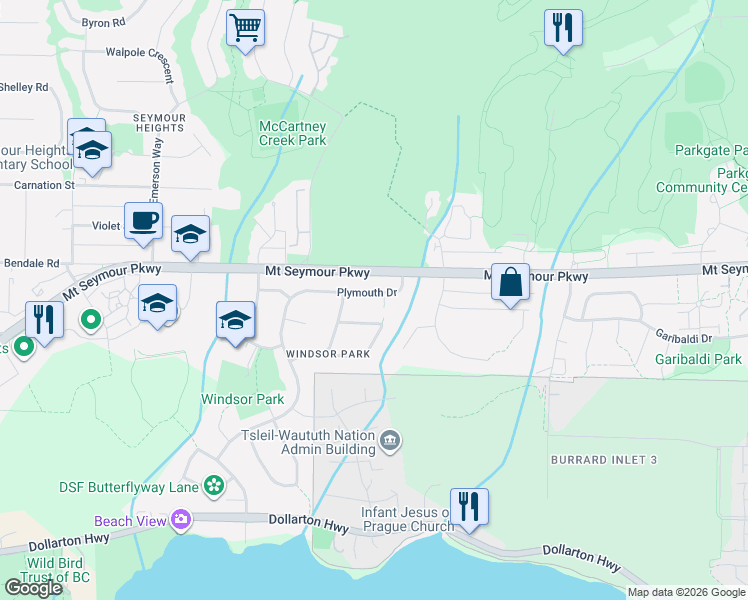 map of restaurants, bars, coffee shops, grocery stores, and more near 3067 Plymouth Drive in North Vancouver