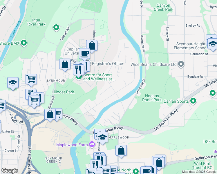 map of restaurants, bars, coffee shops, grocery stores, and more near 1139 Heritage Boulevard in North Vancouver
