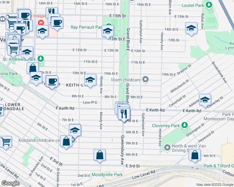 map of restaurants, bars, coffee shops, grocery stores, and more near 817 Grand Boulevard West in North Vancouver
