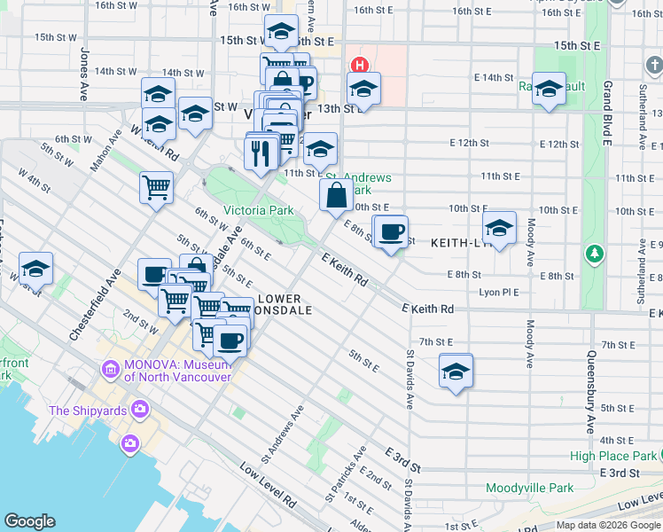 map of restaurants, bars, coffee shops, grocery stores, and more near 223 East Keith Road in North Vancouver