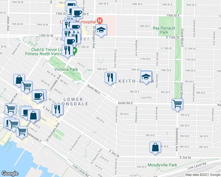 map of restaurants, bars, coffee shops, grocery stores, and more near 745 Saint Andrews Avenue in North Vancouver