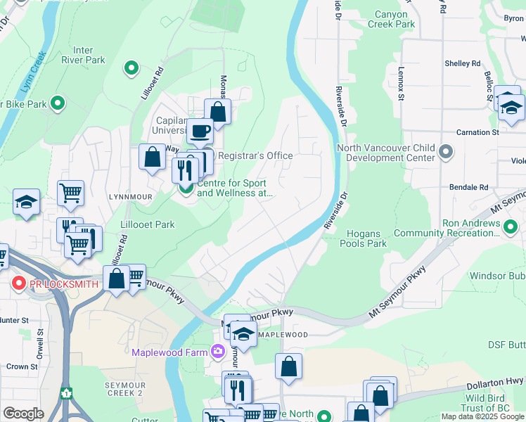 map of restaurants, bars, coffee shops, grocery stores, and more near 1135 Heritage Boulevard in North Vancouver