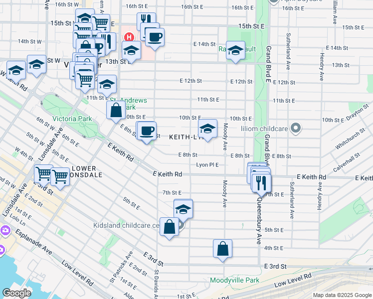 map of restaurants, bars, coffee shops, grocery stores, and more near 821 Ridgeway Avenue in North Vancouver