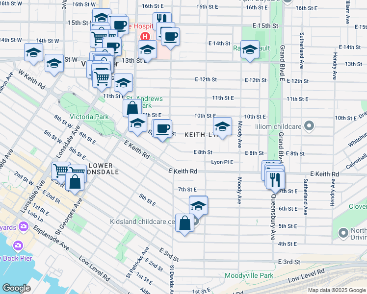 map of restaurants, bars, coffee shops, grocery stores, and more near in North Vancouver