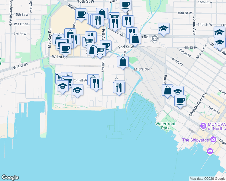 map of restaurants, bars, coffee shops, grocery stores, and more near in North Vancouver