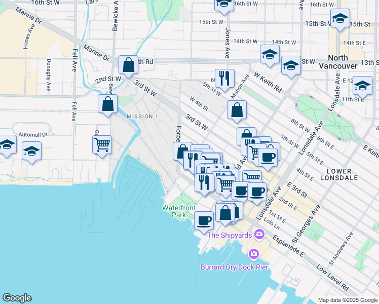 map of restaurants, bars, coffee shops, grocery stores, and more near 306 West 1st Street in North Vancouver