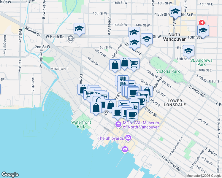 map of restaurants, bars, coffee shops, grocery stores, and more near 225 3rd Street West in North Vancouver