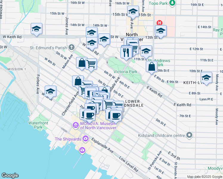map of restaurants, bars, coffee shops, grocery stores, and more near in North Vancouver