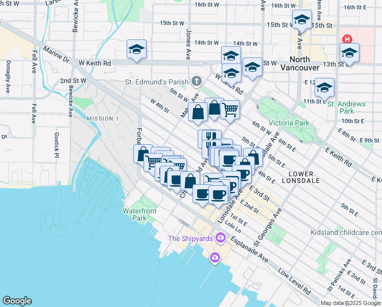 map of restaurants, bars, coffee shops, grocery stores, and more near 225 3rd Street West in North Vancouver