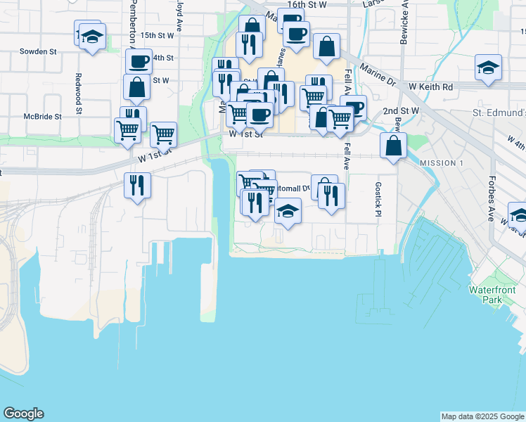 map of restaurants, bars, coffee shops, grocery stores, and more near 998 Harbourside Drive in North Vancouver