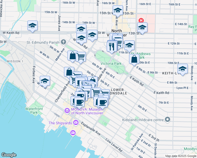map of restaurants, bars, coffee shops, grocery stores, and more near 155 5th Street East in North Vancouver