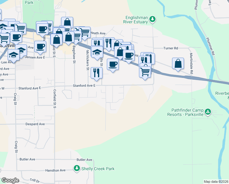 map of restaurants, bars, coffee shops, grocery stores, and more near 450 Stanford Avenue East in Parksville