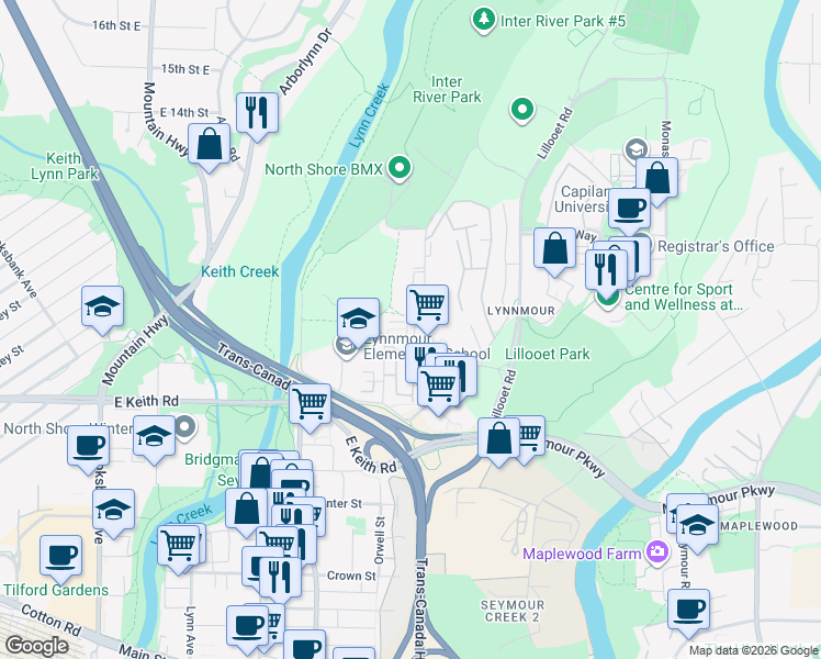 map of restaurants, bars, coffee shops, grocery stores, and more near 897 Premier Street in North Vancouver