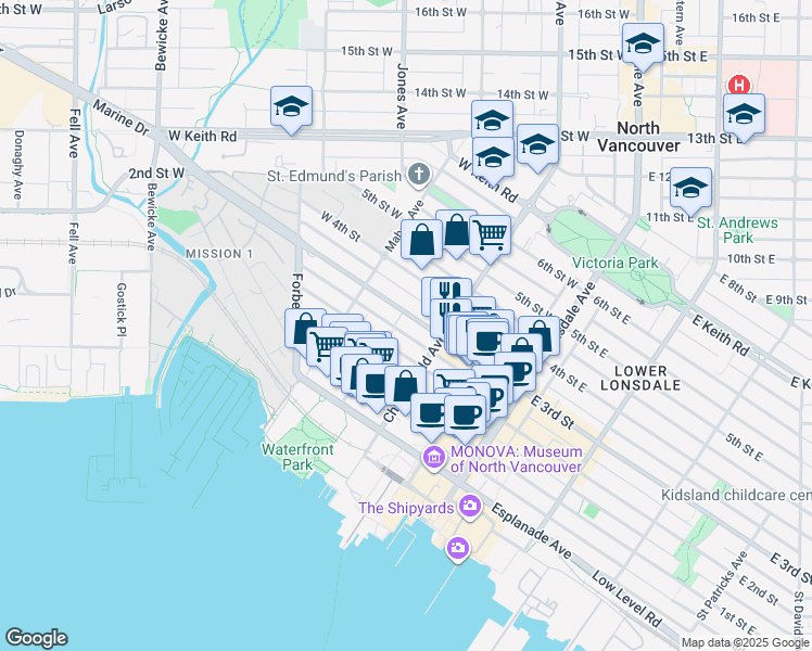 map of restaurants, bars, coffee shops, grocery stores, and more near in North Vancouver