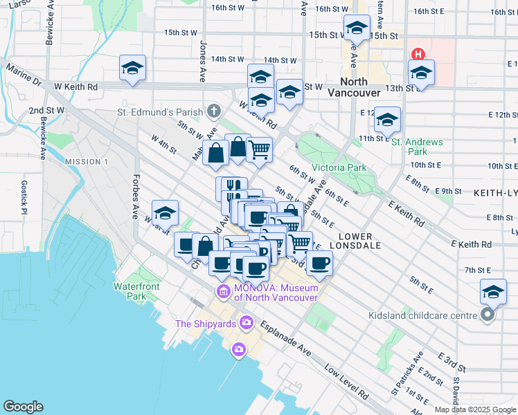 map of restaurants, bars, coffee shops, grocery stores, and more near 110 West 4th Street in North Vancouver