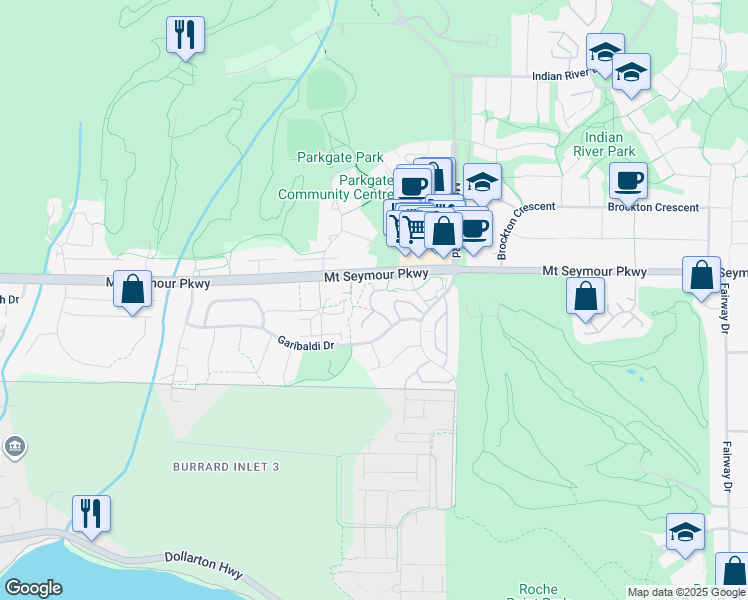map of restaurants, bars, coffee shops, grocery stores, and more near 3634 Garibaldi Drive in North Vancouver