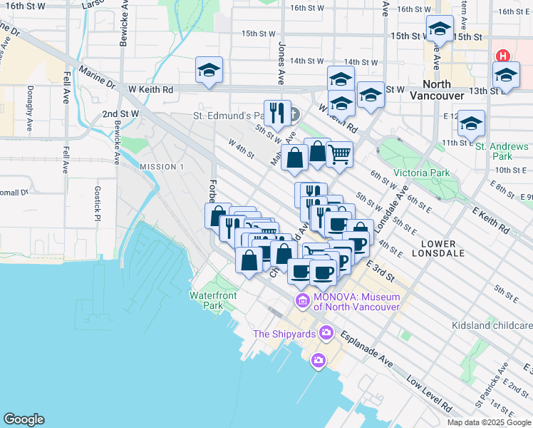 map of restaurants, bars, coffee shops, grocery stores, and more near 252 2nd Street West in North Vancouver