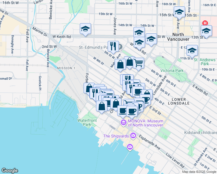 map of restaurants, bars, coffee shops, grocery stores, and more near in North Vancouver