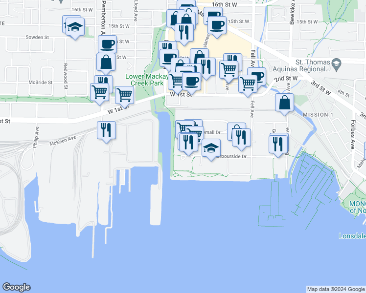map of restaurants, bars, coffee shops, grocery stores, and more near 998 Harbourside Drive in North Vancouver