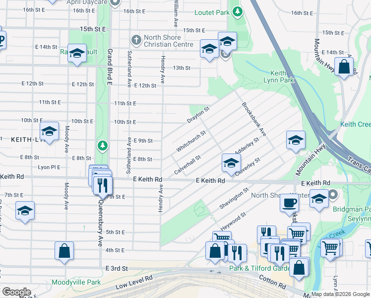 map of restaurants, bars, coffee shops, grocery stores, and more near 831 Whitchurch Street in North Vancouver