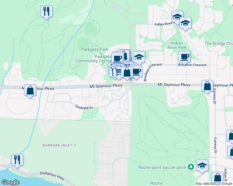 map of restaurants, bars, coffee shops, grocery stores, and more near 3668 Garibaldi Drive in North Vancouver