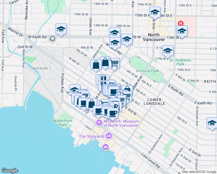 map of restaurants, bars, coffee shops, grocery stores, and more near 175 West 4th Street in North Vancouver