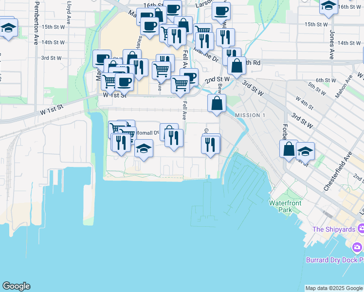 map of restaurants, bars, coffee shops, grocery stores, and more near 828 Fell Avenue in North Vancouver