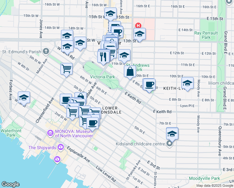 map of restaurants, bars, coffee shops, grocery stores, and more near 615 Saint Georges Avenue in North Vancouver