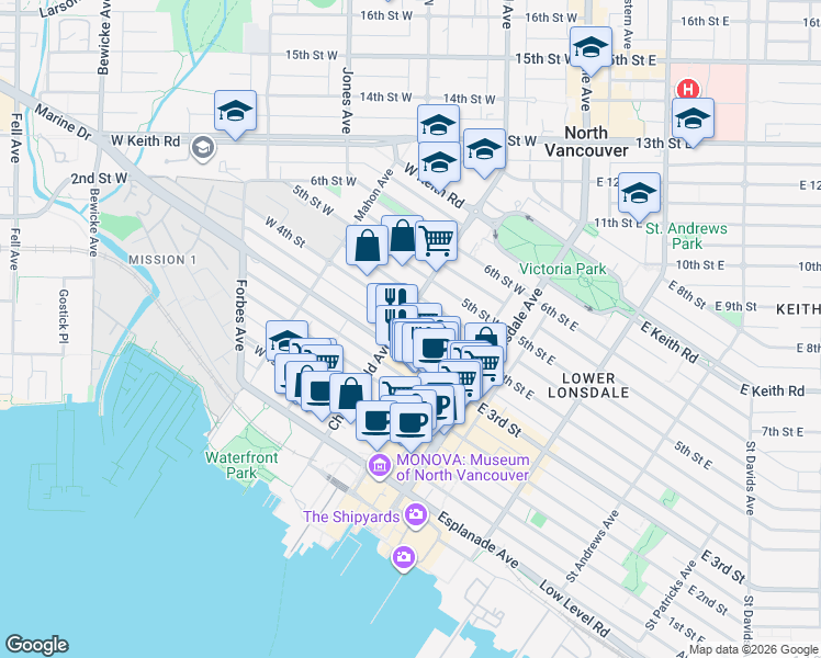 map of restaurants, bars, coffee shops, grocery stores, and more near 175 West 4th Street in North Vancouver