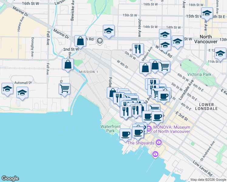 map of restaurants, bars, coffee shops, grocery stores, and more near 326 West 1st Street in North Vancouver