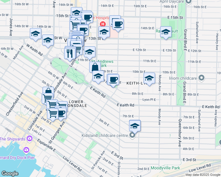 map of restaurants, bars, coffee shops, grocery stores, and more near in North Vancouver