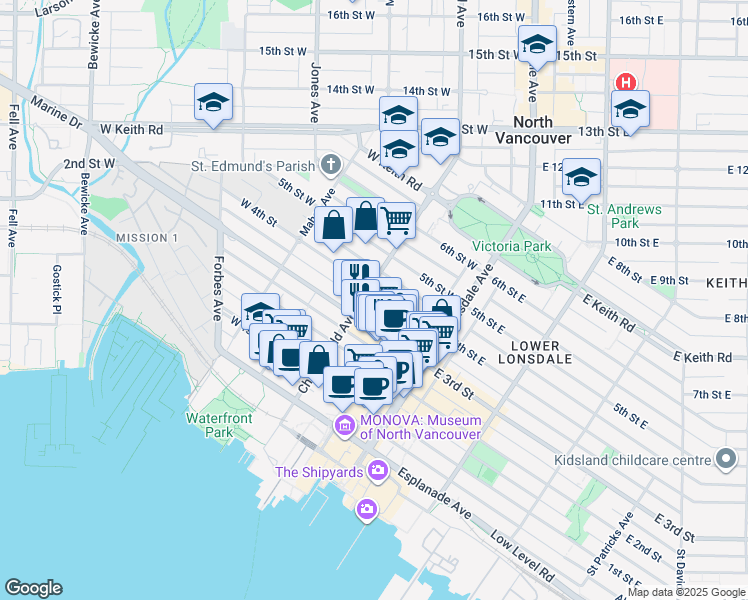 map of restaurants, bars, coffee shops, grocery stores, and more near 175 4th Street East in North Vancouver