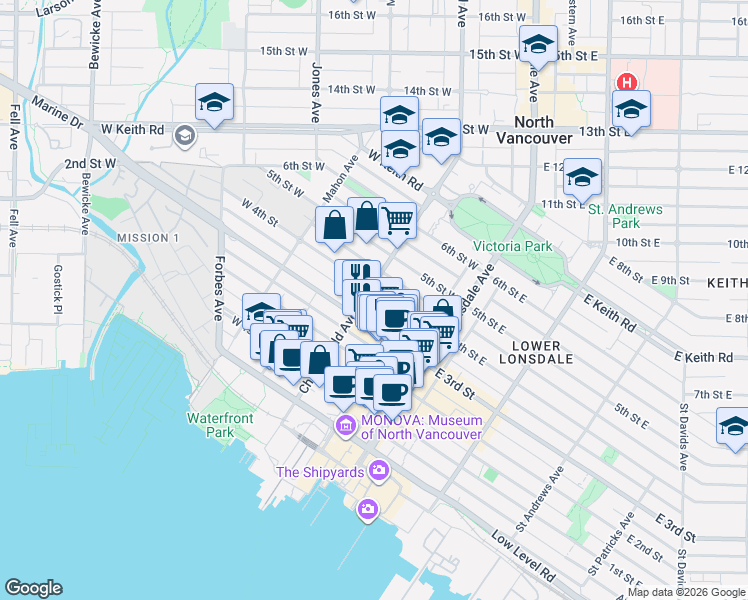 map of restaurants, bars, coffee shops, grocery stores, and more near 175 West 4th Street in North Vancouver
