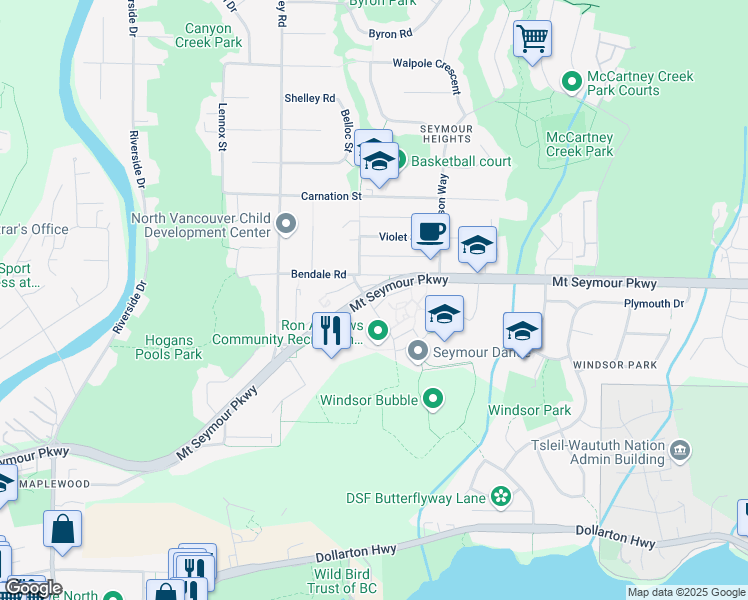 map of restaurants, bars, coffee shops, grocery stores, and more near 950 Lytton Street in North Vancouver