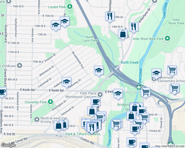map of restaurants, bars, coffee shops, grocery stores, and more near 1225 Cloverley Street in North Vancouver