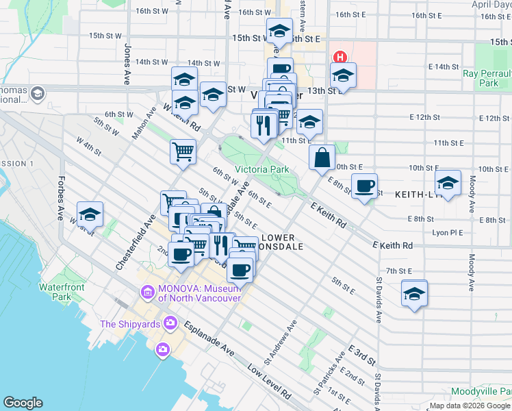 map of restaurants, bars, coffee shops, grocery stores, and more near in North Vancouver