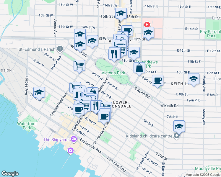 map of restaurants, bars, coffee shops, grocery stores, and more near 123 6th Street East in North Vancouver