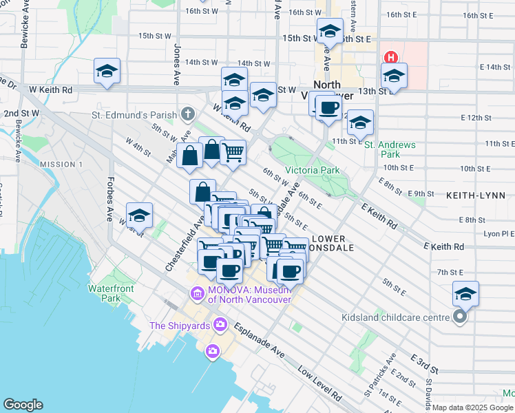 map of restaurants, bars, coffee shops, grocery stores, and more near 125 5th Street West in North Vancouver