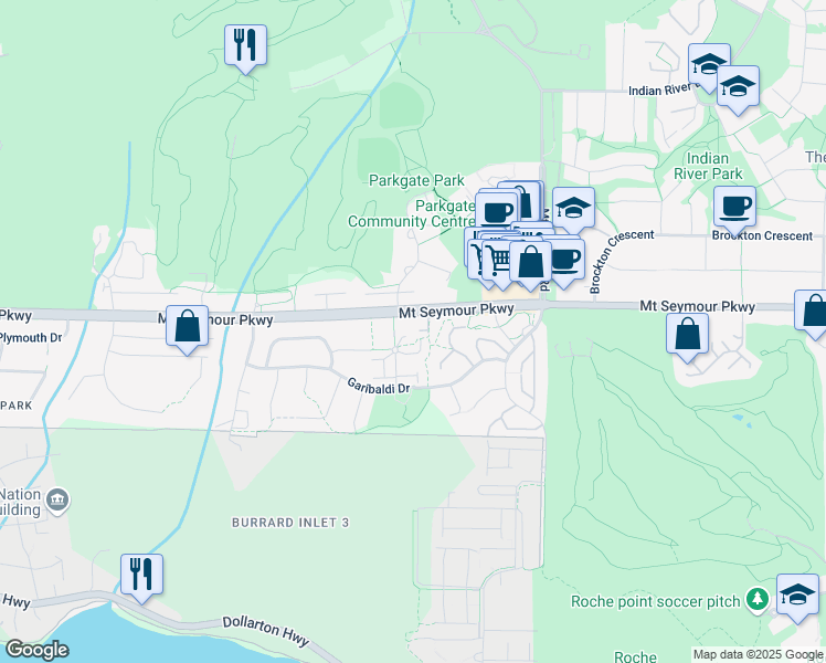 map of restaurants, bars, coffee shops, grocery stores, and more near 1050 Bowron Court in North Vancouver