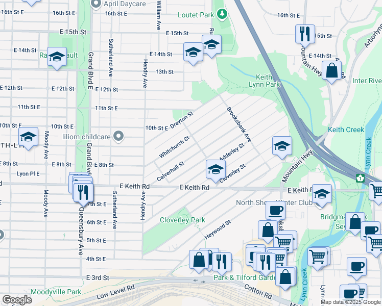 map of restaurants, bars, coffee shops, grocery stores, and more near 884 Calverhall Street in North Vancouver